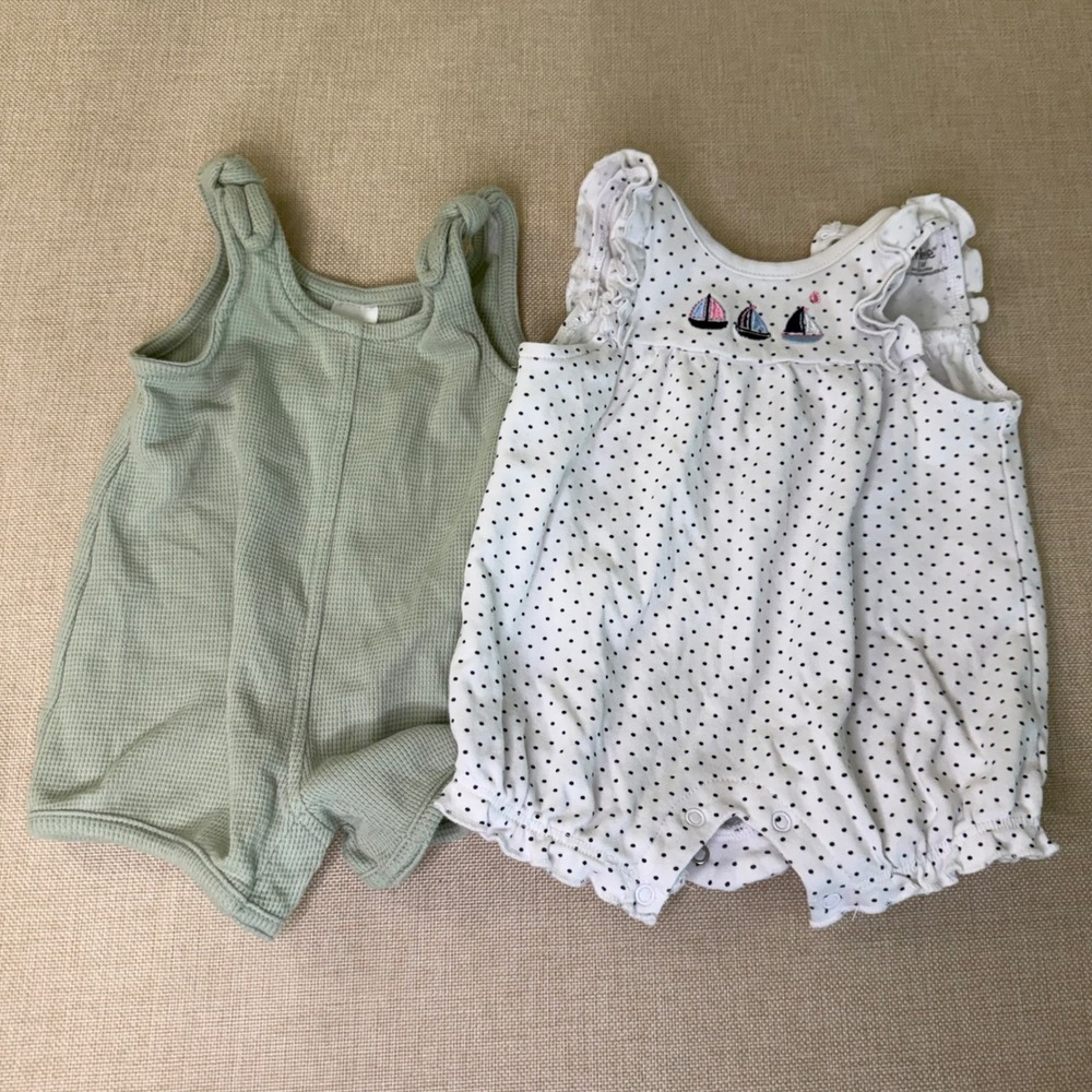 Carters Little Me Baby Girl Romper Bundle 3M‎ Sage Waffle Polka Dot Sailboat 2pc